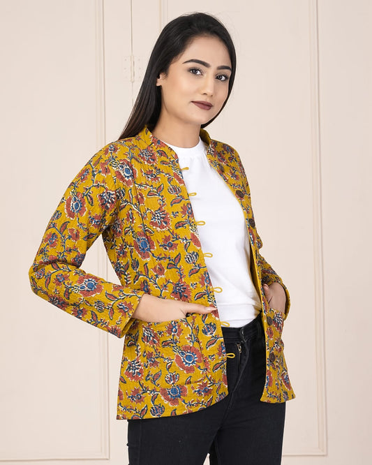 Mustard Yellow Floral Printed Cotton Jacket