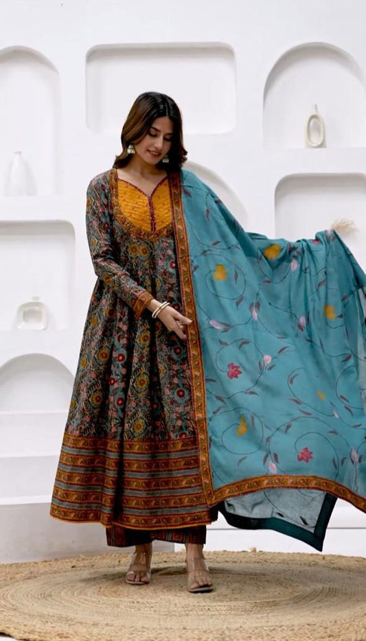 Traditional Printed Anarkali Suit with Dupatta