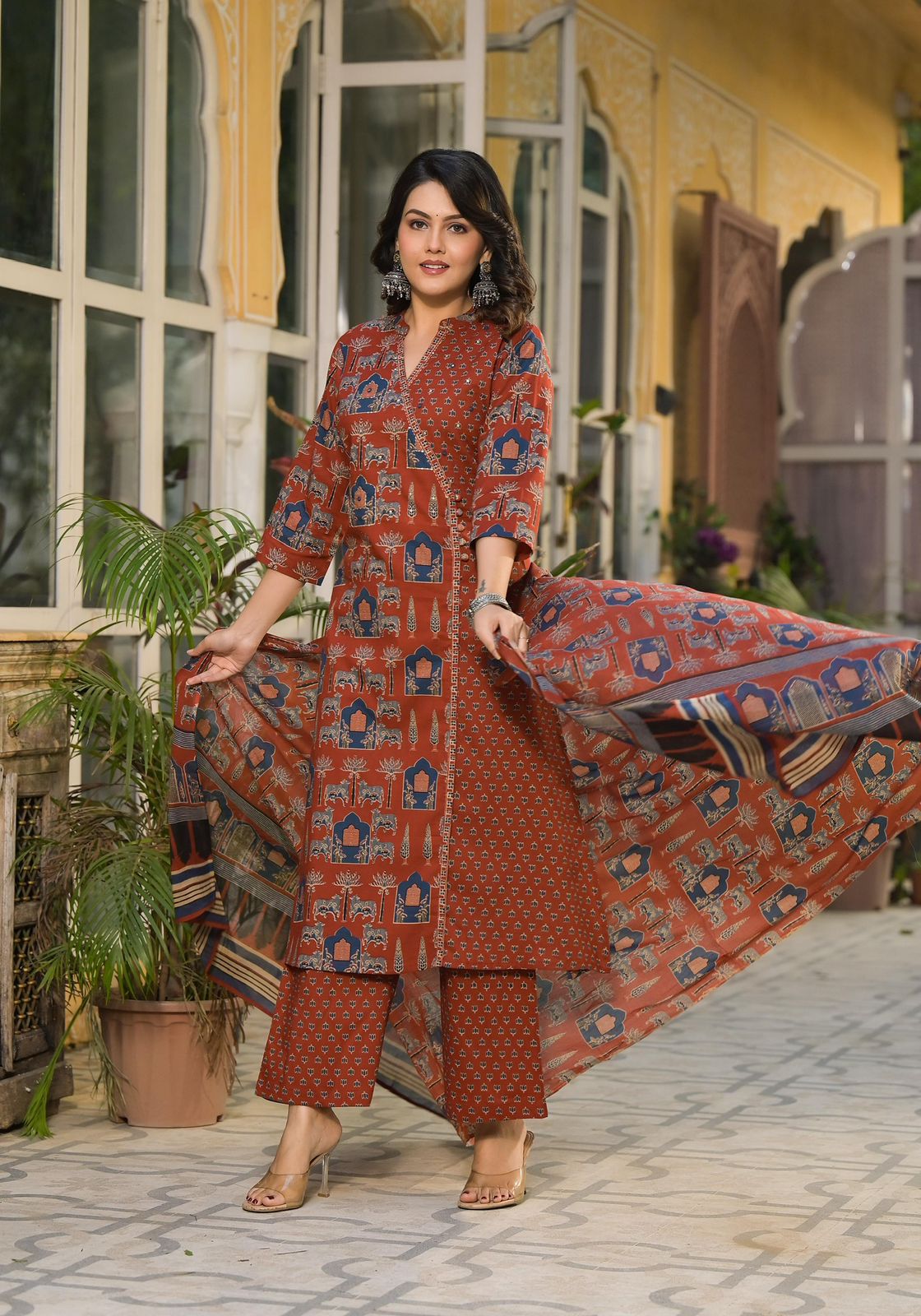 Rust-Orange Printed Kurta Set with Dupatta