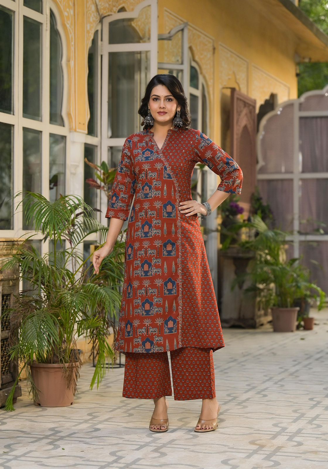 Rust-Orange Printed Kurta Set with Dupatta