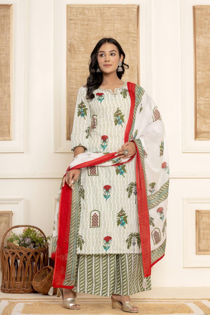 White and Green Floral Print Kurta Set with Red Dupatta