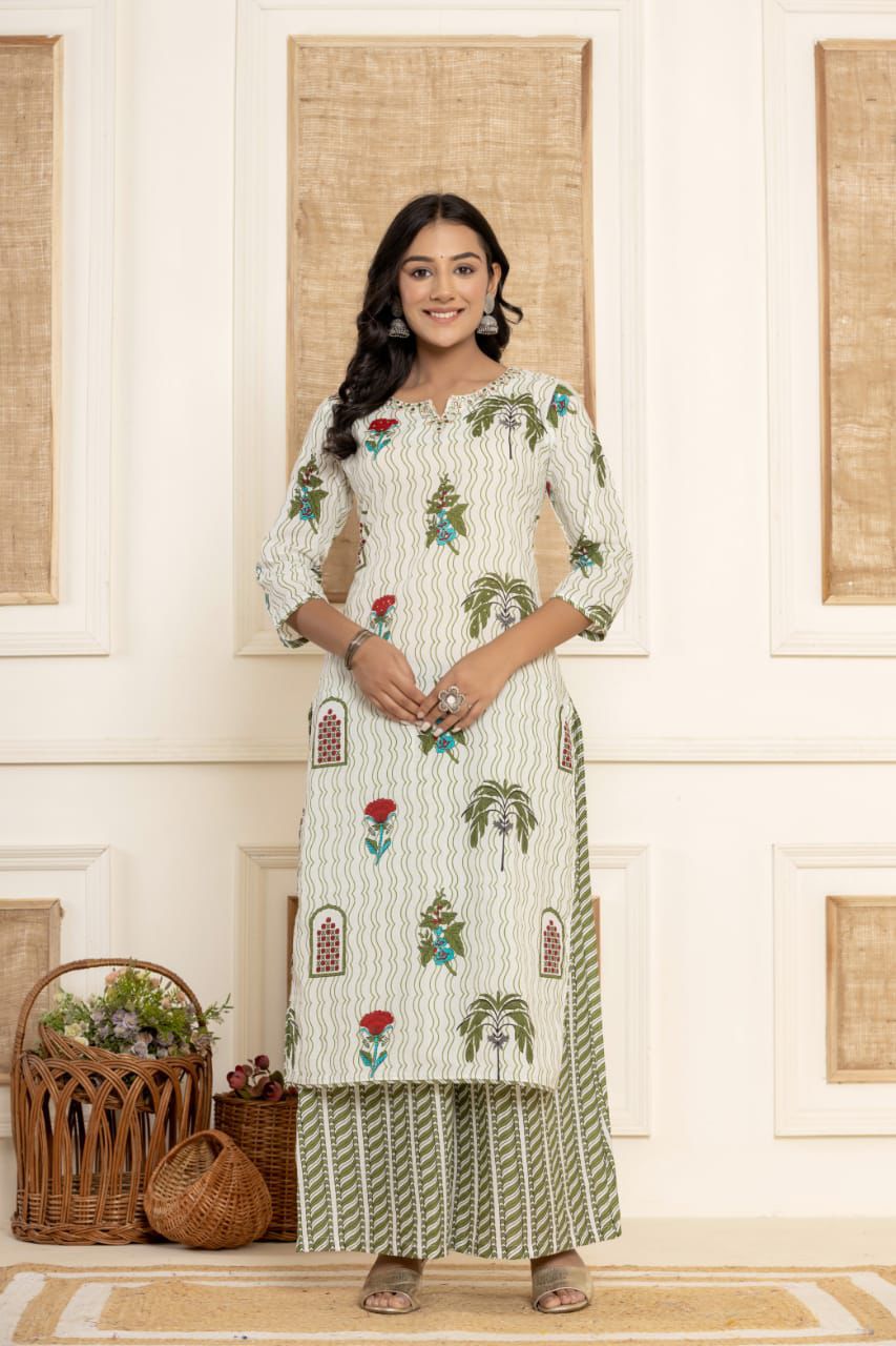 White and Green Floral Print Kurta Set with Red Dupatta