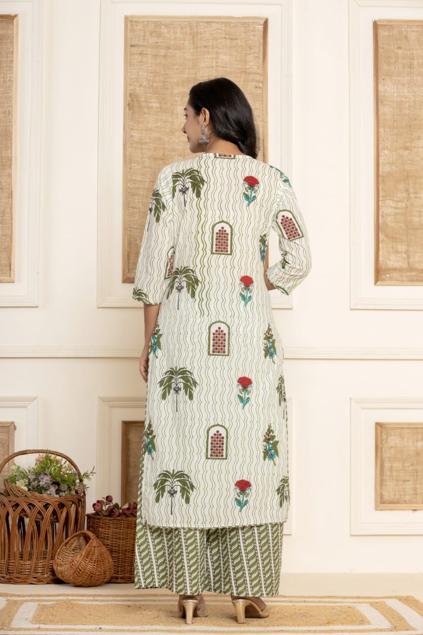 White and Green Floral Print Kurta Set with Red Dupatta