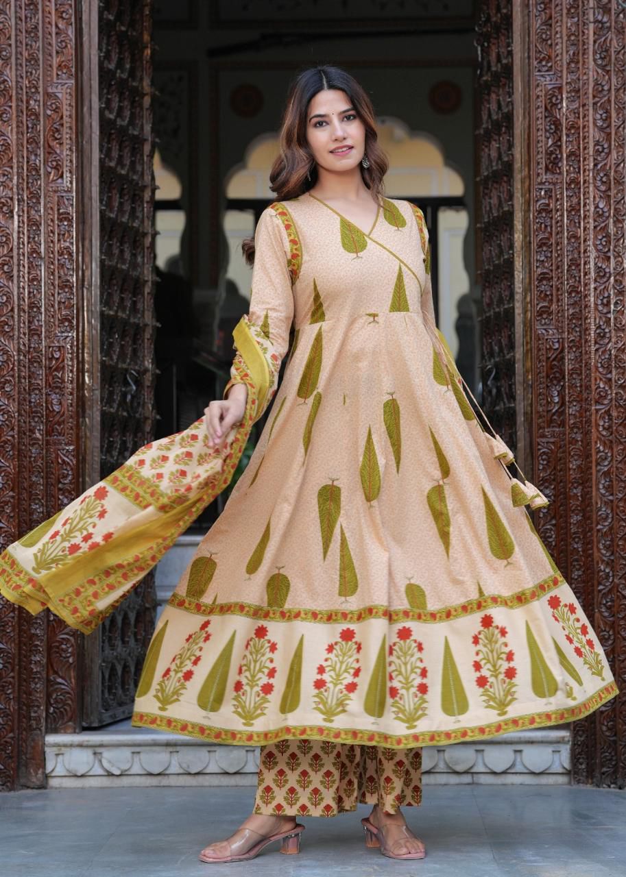 Floral Beige Anarkali Suit with Dupatta