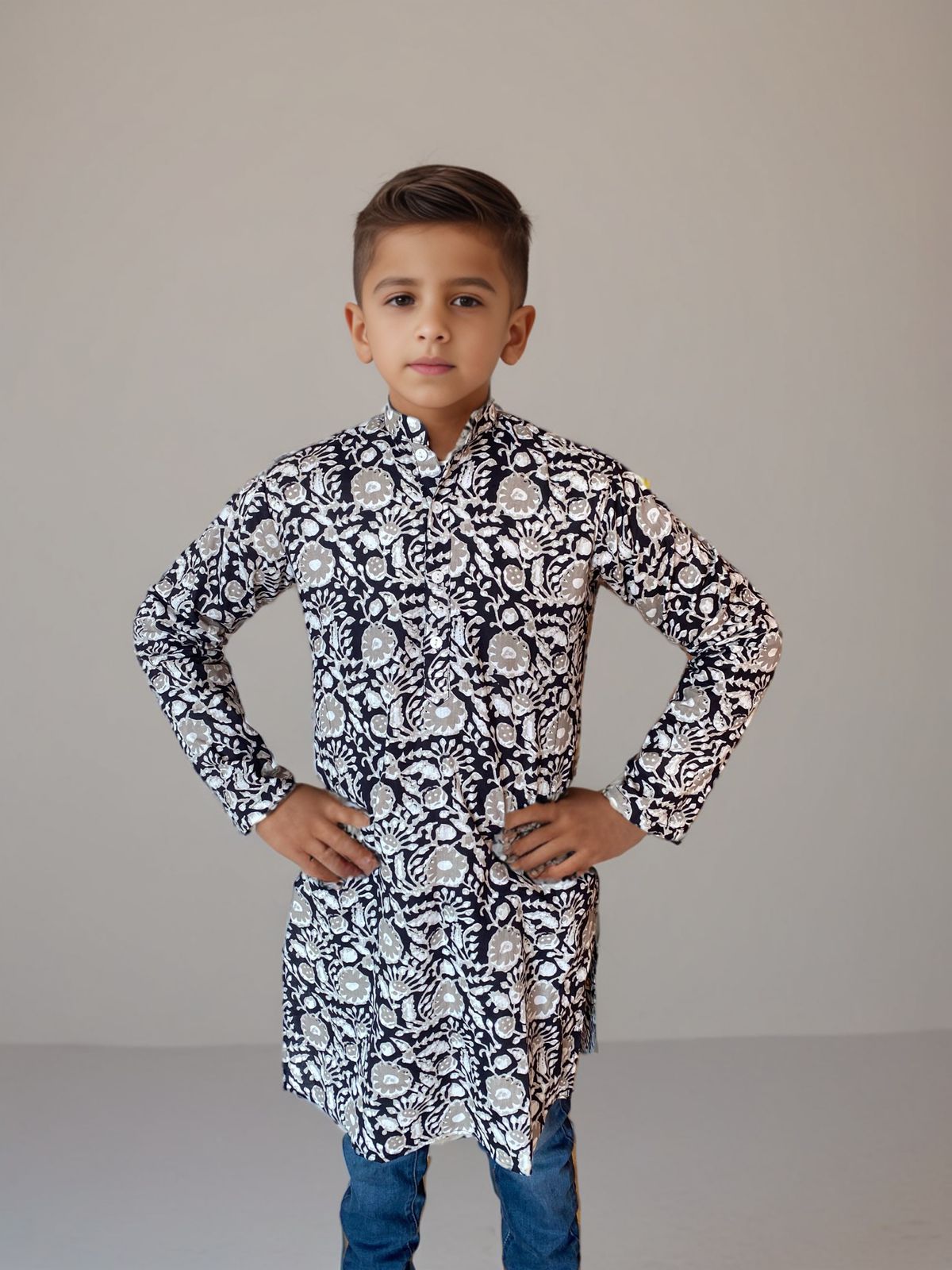 Stylish Kids' Floral Printed Kurta – Black & White