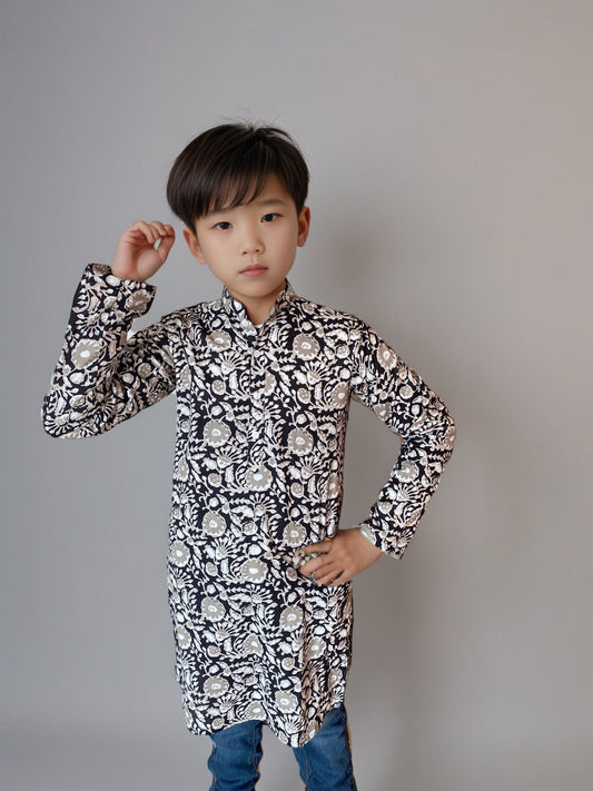 Stylish Kids' Floral Printed Kurta – Black & White