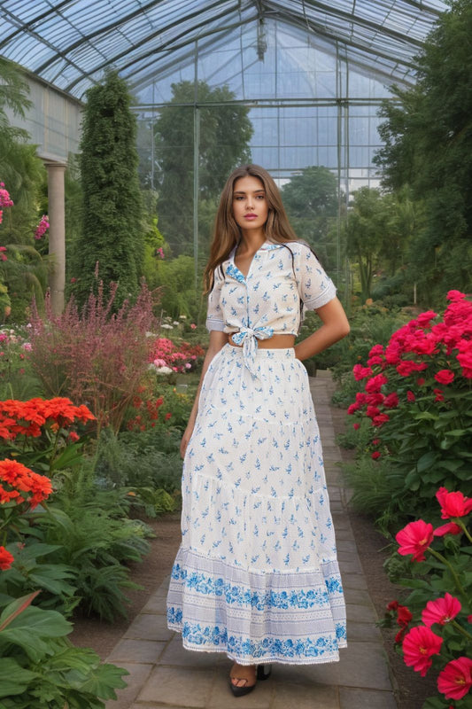 Blue & White Floral Co-Ord Set – Boho Chic Elegance