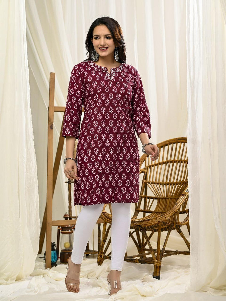 Maroon & White Ethnic Printed Cotton Kurti for Women