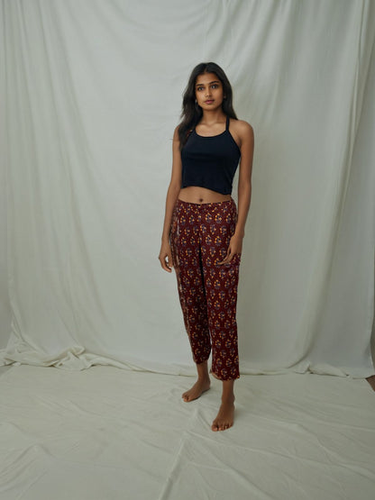 Women's Ethnic Printed Cotton Straight-Fit Pants – Maroon
