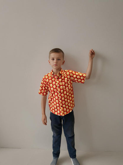 Bright Red Printed Cotton Shirt for Kids