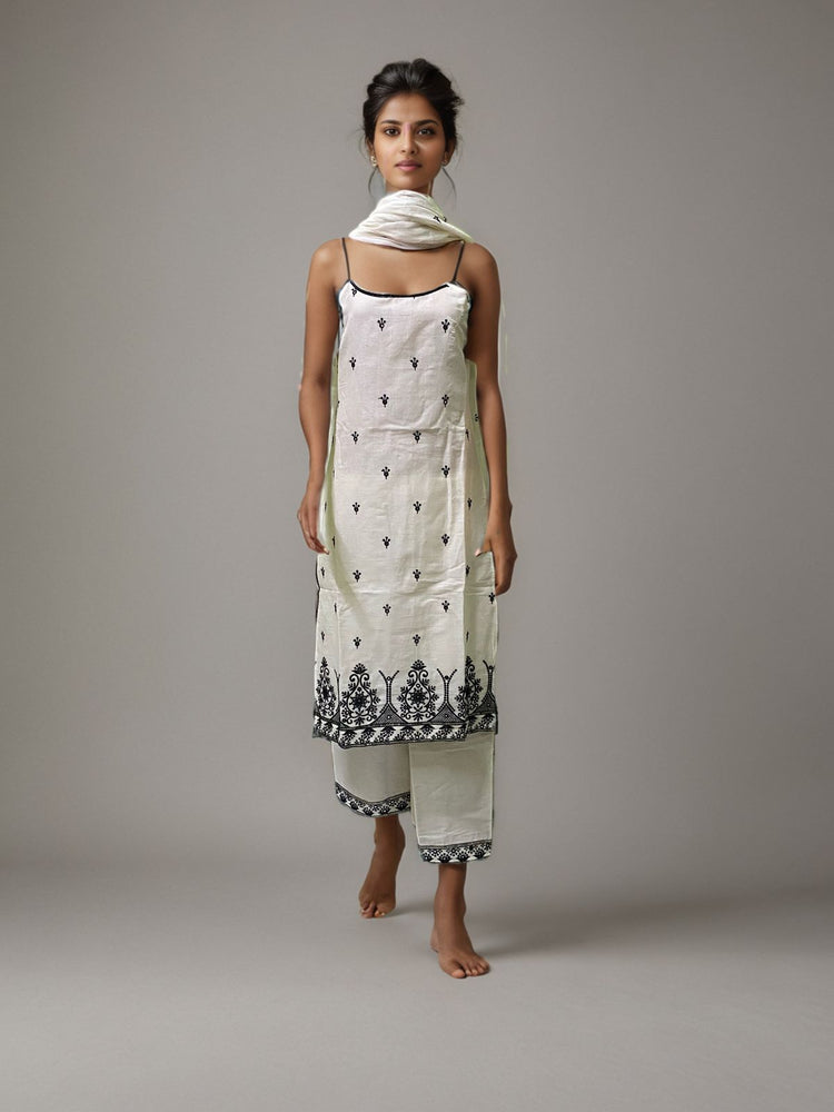 White and Black Embroidered Kurti Set with Dupatta