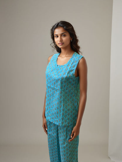 Blue Cotton Printed Co-ord Set for Women