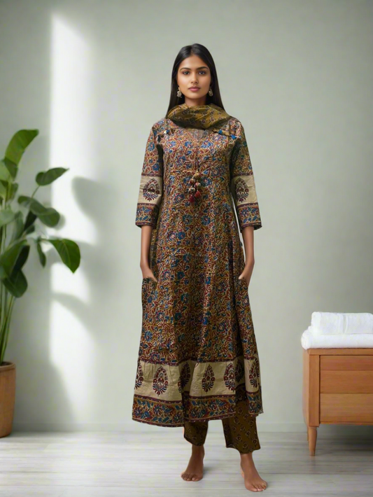 Elegant Handcrafted Ajrakh Print Anarkali Suit Set