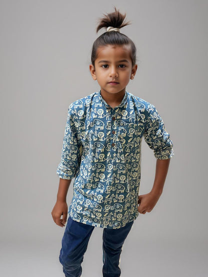 Boys Cotton Printed Kurta - Blue Animal Print | Festive & Casual Wear