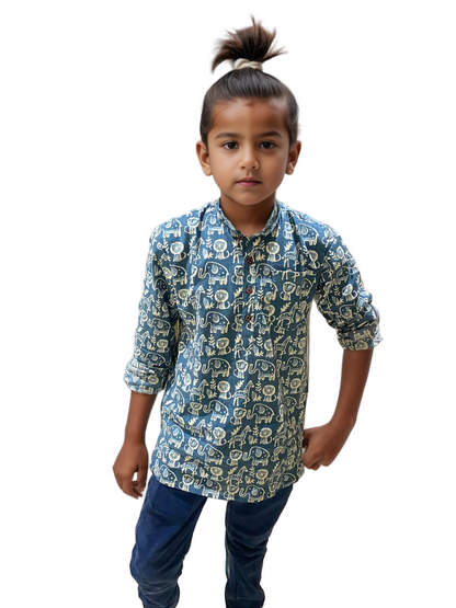 Boys Cotton Printed Kurta - Blue Animal Print | Festive & Casual Wear