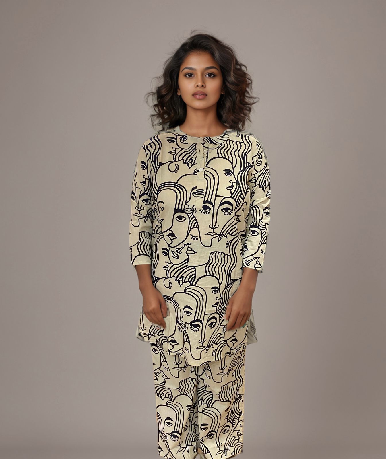 Artistic Abstract Print Co-ord Set – Beige & Black