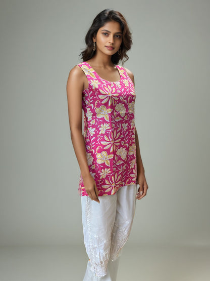 Pink Sleeveless Floral Embroidered Cotton Kurti