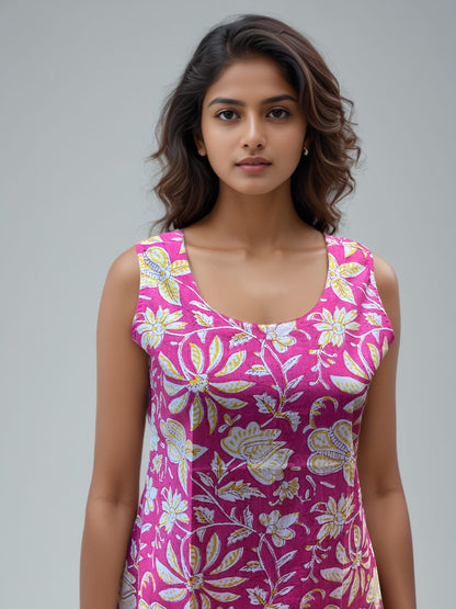 Pink Sleeveless Floral Embroidered Cotton Kurti