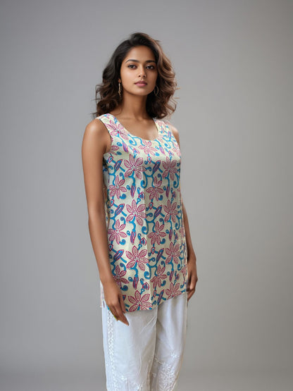 Off-White Sleeveless Multicolor Floral Embroidered Cotton Kurti
