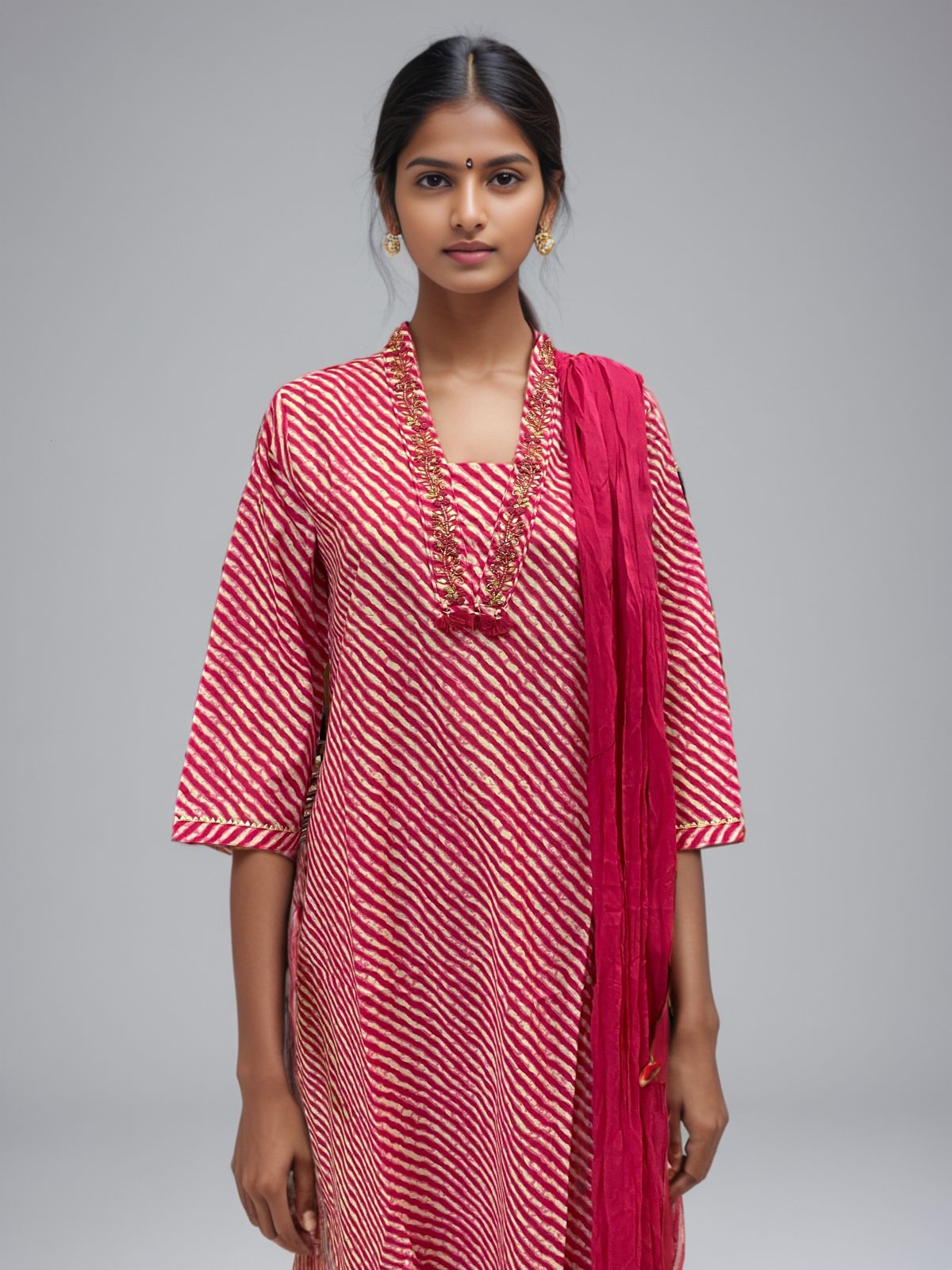 Fuchsia Drift 100% Cotton Diagonal Stripe Kurti Dupatta Set – Casual Chic Ensemble