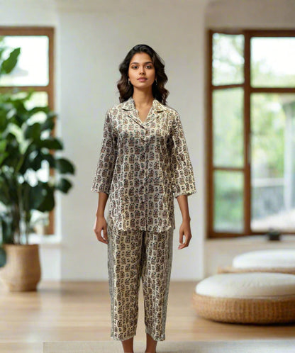 Elegant Beige Handblock Printed Cotton Night Suit