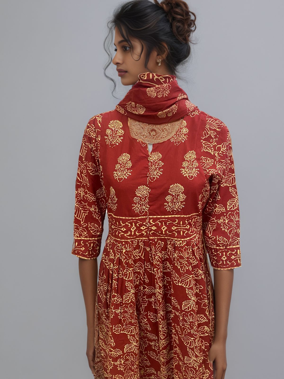 Elegant Maroon Handblock Printed Cotton Kurta Set with Dupatta