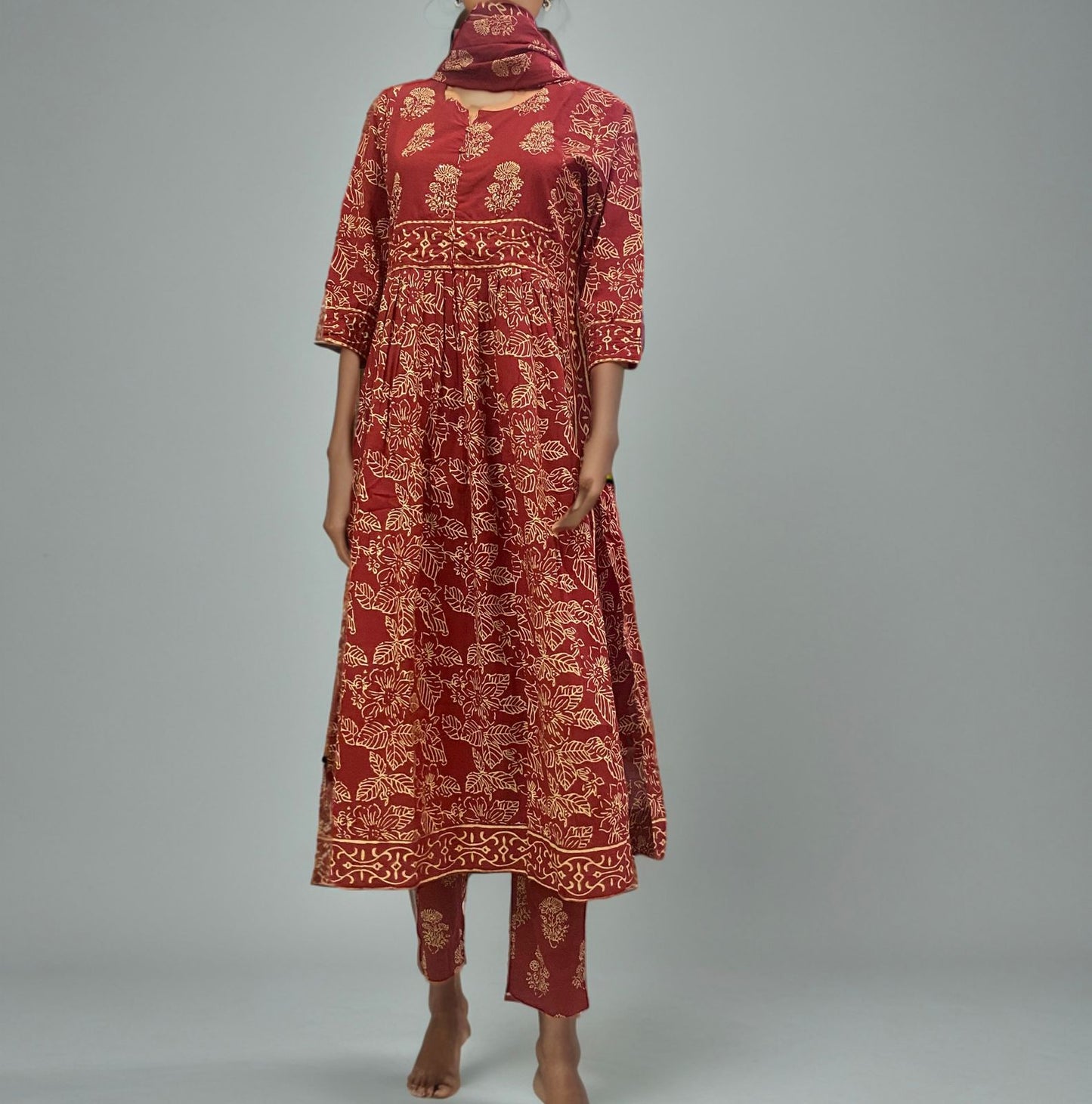 Elegant Maroon Handblock Printed Cotton Kurta Set with Dupatta
