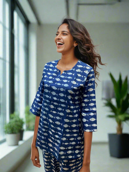 Indigo Blue Fish Print Cotton Night Suit