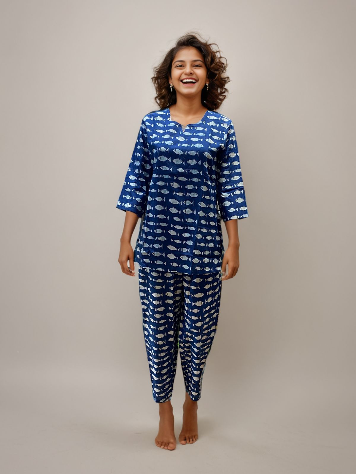 Indigo Blue Fish Print Cotton Night Suit