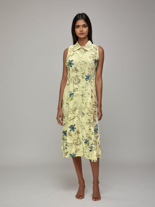 Sleeveless Floral Collared Midi Dress – Lemon Yellow