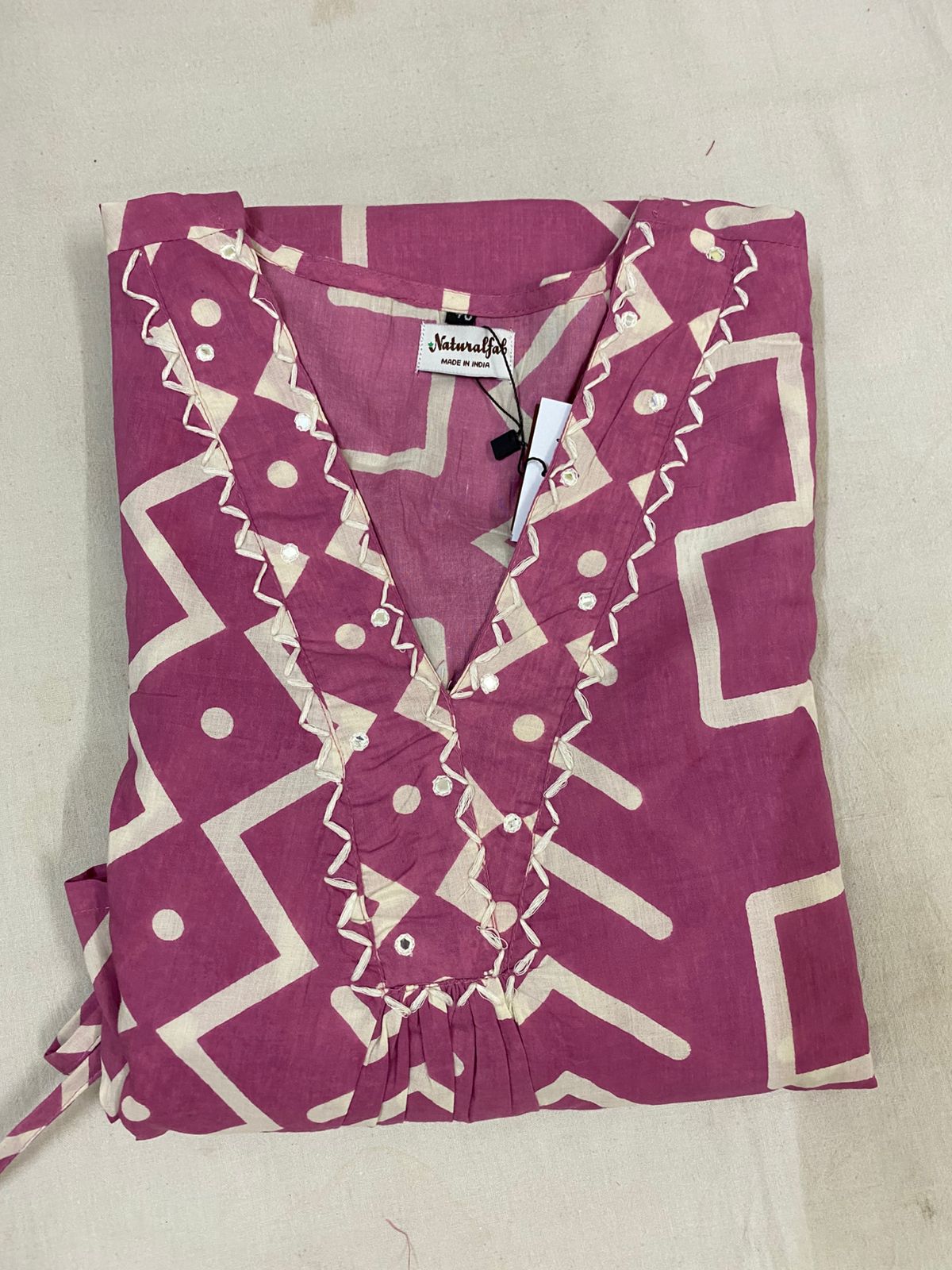 Blush Pink Geometric Print Cotton Kurta Set with Pleated Neckline