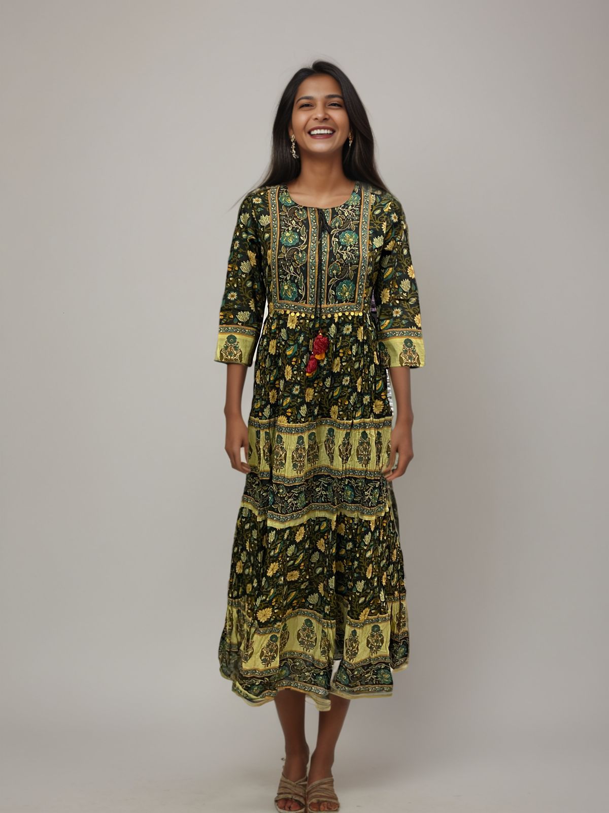 Ethnic Printed Fit-and-Flare Midi Dress with Tassel Detail