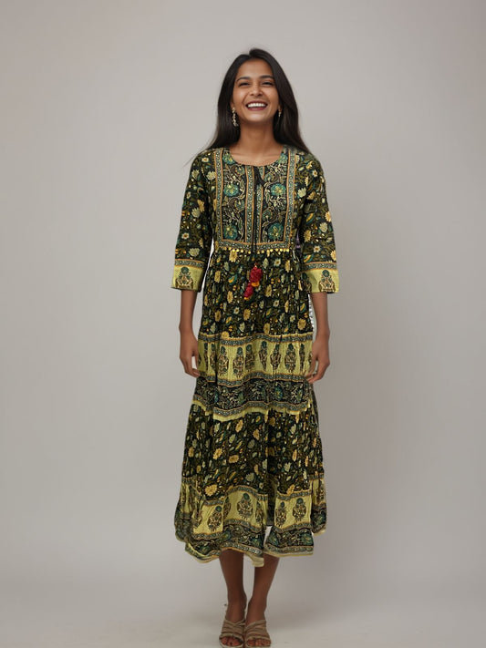 Ethnic Printed Fit-and-Flare Midi Dress with Tassel Detail