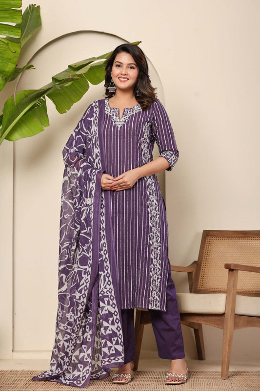 Elegant Indigo Purple Printed Cotton Kurta Set with Dupatta