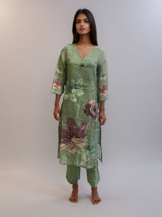 Pastel Green Hand-Painted Floral Linen Kurta Set