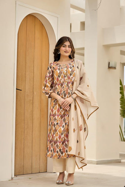 Women's Elegant Printed Cotton Kurta Set with Dupatta | 3-Piece Ethnic Suit | Festive & Office Wear