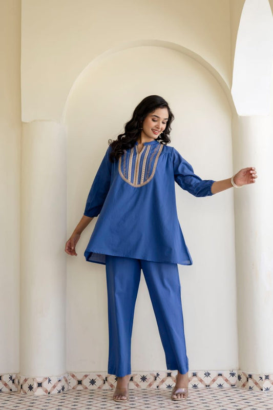 Women's Blue Cotton Co-Ord Set | Embroidered Kurta & Pants | Festive/Casual Wear | Relaxed Fit Ethnic Ensemble