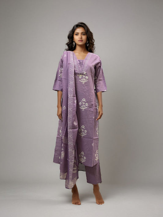 Lavender Handblock Printed Cotton Kurta Set with Dupatta