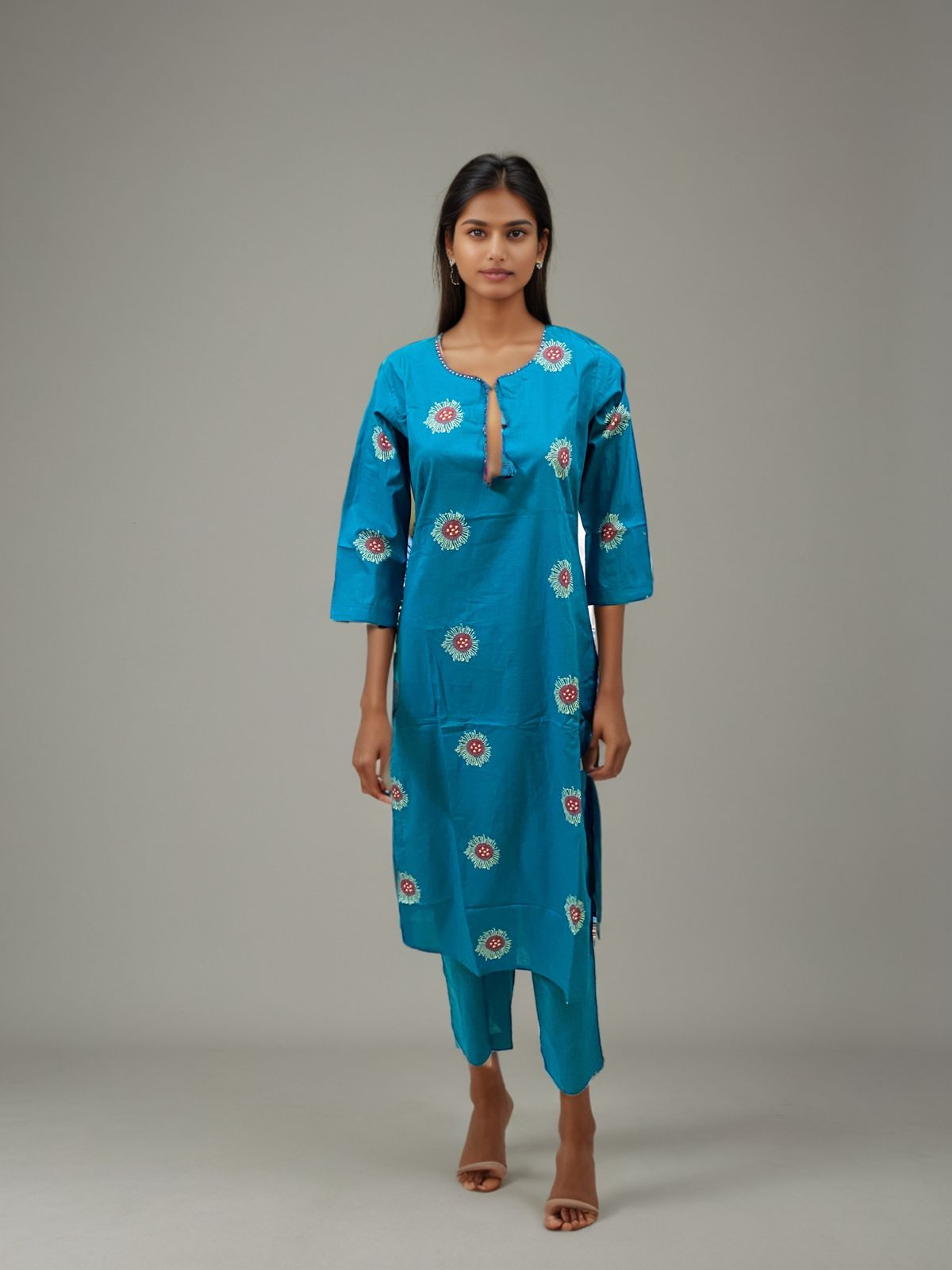 Teal Blue Cotton Embroidered Kurta Set for Women