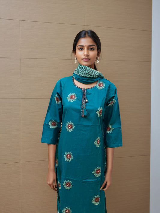 Teal Blue Cotton Embroidered Kurta Set for Women