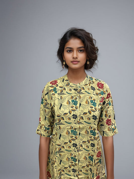 Women's Beige Kurti with Red & Blue Floral Print – Graceful Ethnic Wear for Everyday Elegance