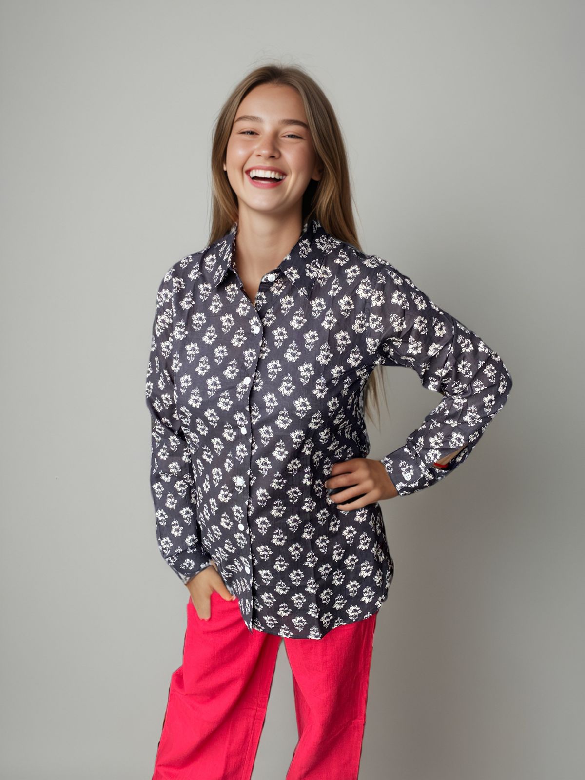 Natural Fab Women's Handblock Printed Cotton Shirt – Elegant Black Floral | Comfortable & Stylish