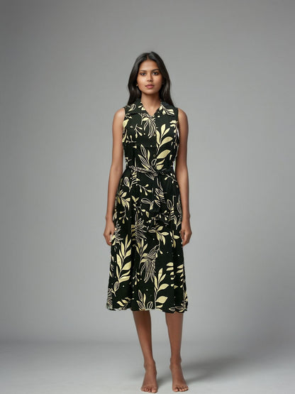 Midnight Flora Cotton Midi Dress – Sleeveless Black & Beige Elegance