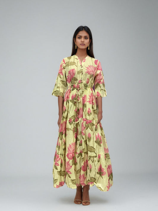 Lotus Bloom Anarkali Cotton Maxi Dress – Handblock Elegance in Pink & Olive