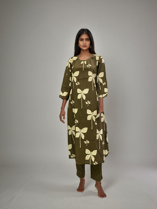 Olive Green Floral Printed Cotton Kurta Set for Women – 3/4 Sleeve Straight Kurta with Pants