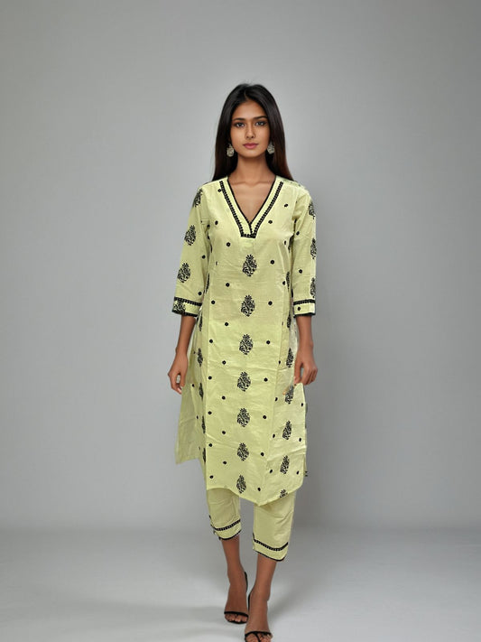 Lemon Yellow Embroidered Kurta Set for Women – V-Neck Cotton Kurti with Pant | Festive & Daily Wear