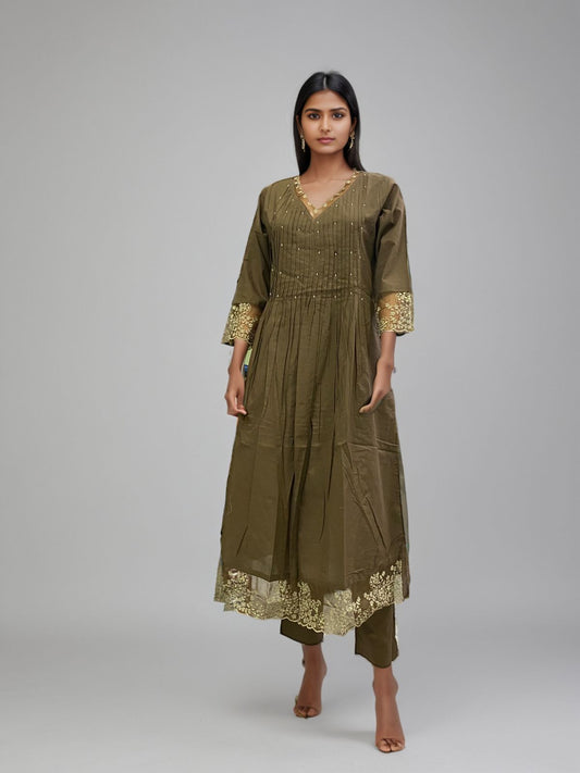 Olive Green Kurta with dupatta for Women – Embroidered Flared Kurti with Pants | Festive & Party Wear
