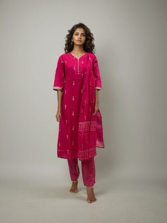 Fuchsia Grace Printed Cotton Kurta Set – Radiate Festive Charm