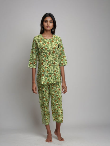 Gulmohar Garden Handblock Printed Cotton Night suit