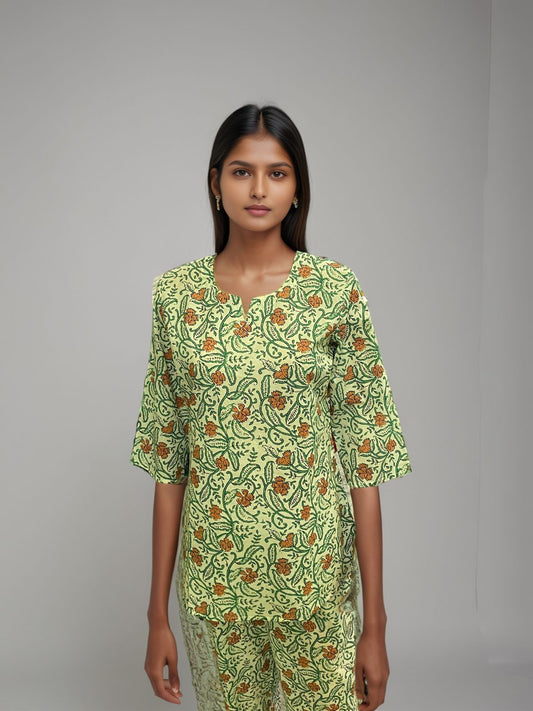 Botanic Elegance: Handblock-Printed Kurti Set in Pistachio Bloom